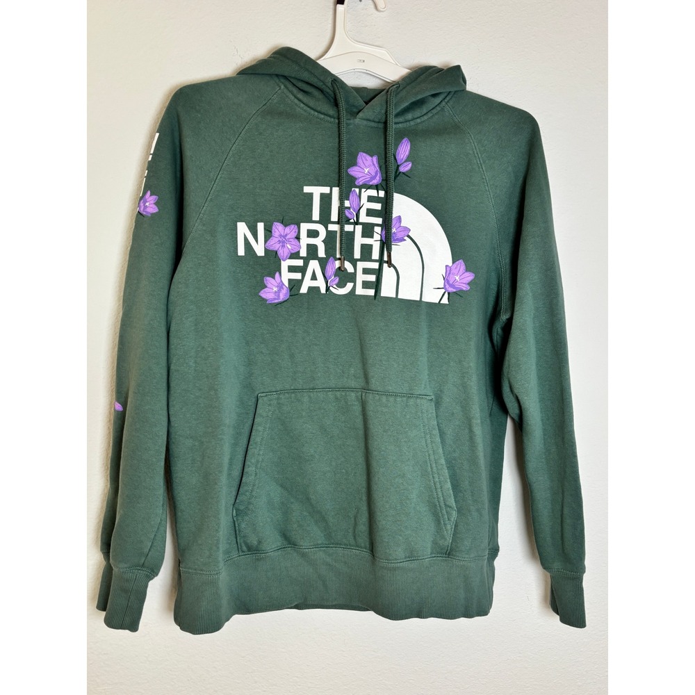 The North Face Womens Floral Logo Hoodie Green Purple Flowers Medium Pullover